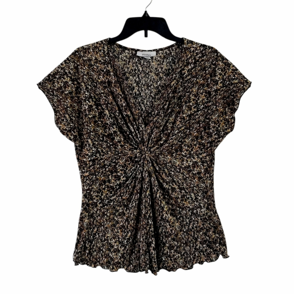 Vintage Micro Pleated Top L Twist Front Plisse Blouse 90s Y2K Brown Multi USA
